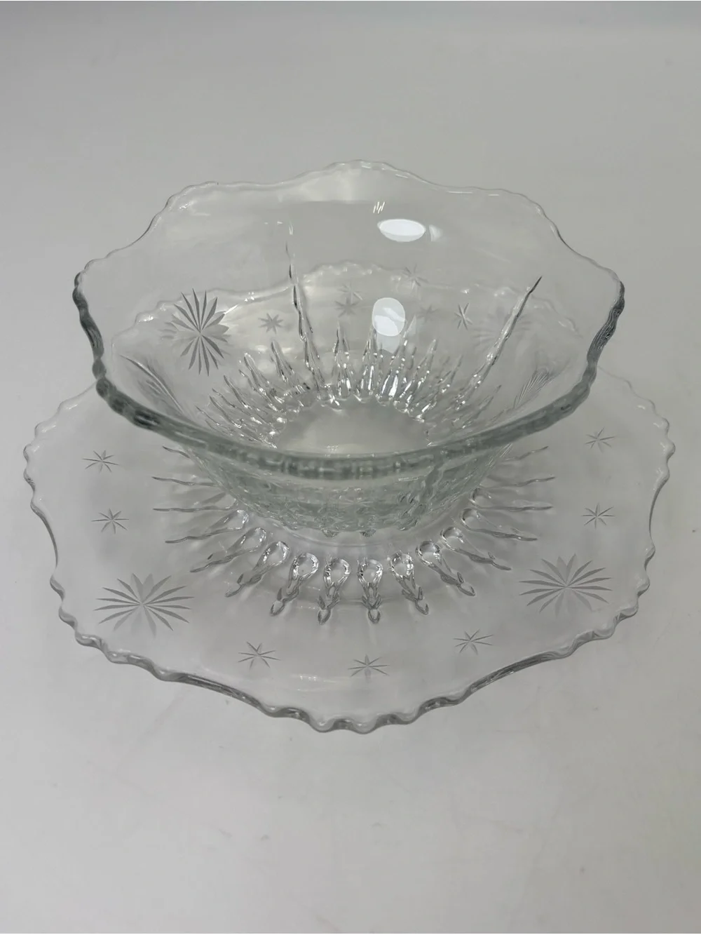Vintage Scalloped Serving Bowl and Plate with MCM Starburst Pattern